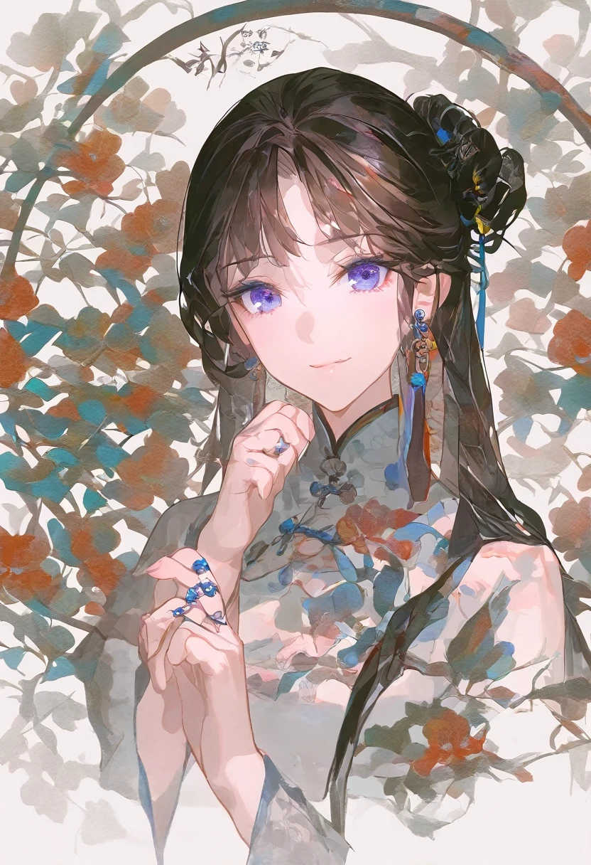 ,qipao,1girl,solo,(artist:king_( sanbonzakura)),artist:kinga_76,artist: fuzichoco ,[artist:ask_(askzy)],[[artist:Ciloranko]],year 2023, upper body,white background,smile,
