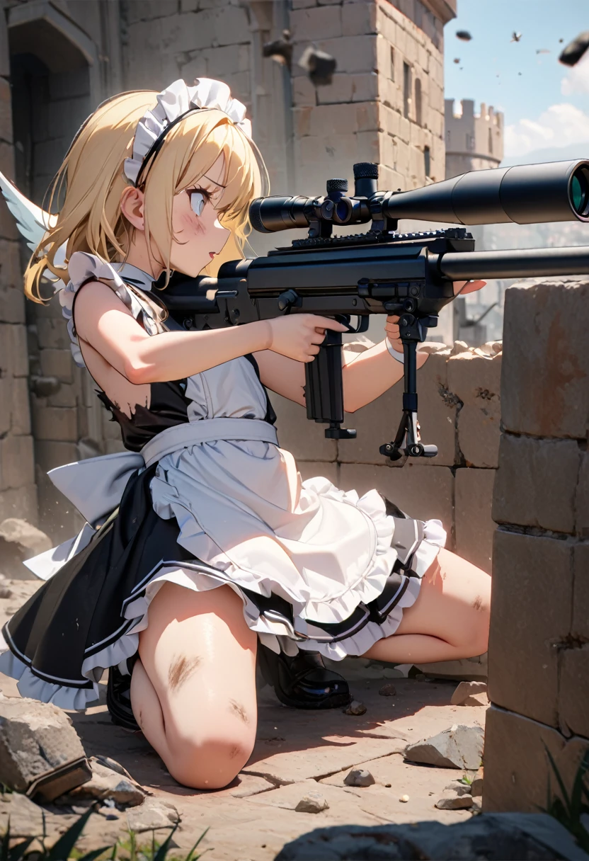 (8k, Best Quality, masterpiece:1.2),  super high definition, The cuteness of an angel, Mouth is open, Blonde, Small breasts,  Black Dress,  White Apron , Blue ribbon,  apron dress, Classic maid outfit, shoes, Bare Skin, Long, Sniper from the top of the castle walls, Sniper Rifles, Castle Defense, Looking through the scope, ready to shoot, Aiming for prey, Kneeling, Obstacles such as low rocks and walls, Barret M82, Sniper Rifle, profile, Gunfight, (Stains on clothes), Dirty with ash and soot, Torn clothing, 