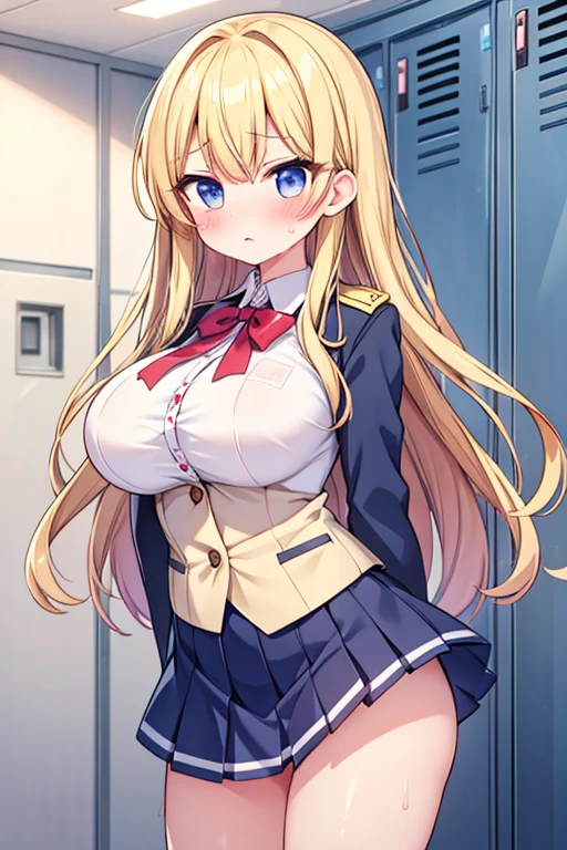 Masterpiece, best quality, official art, 8k wallpaper, very detailed, illustration, small 1girl, blonde hair, wide hips, ((very huge breasts)), no pants, sailor top, backpack, standing, from afront, bratty, ((detailed pussy)), inside train, bratty girl, by asanagi, underboob, pussy juice, (sloppily dressed), sex, sweat, (pussy juice), blush, (panting), gasping, (detailed grinning), fingering own pussy,