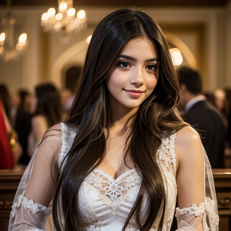 Realistic full body photo of a smiling black-haired young girl with long hair, ponytail hairstyle, She dances in front of the camera in a long A-line wedding dress with straps made of shiny satin., Park,glamour fotoshooting, Wedding celebration, perfect anatomy, perfect brown eyes. Perfect hands with 5 fingers on each hand, Matching girl, look into the camera, 1 Frau. (Eye make up:1.1), (highly detailed skin:1.1), spirit, analog style, keen focus, 8K  UHD, dslr, good quality, Fujifilm XT3, Grain, Award-winning, ​masterpiece. Wedding celebration
