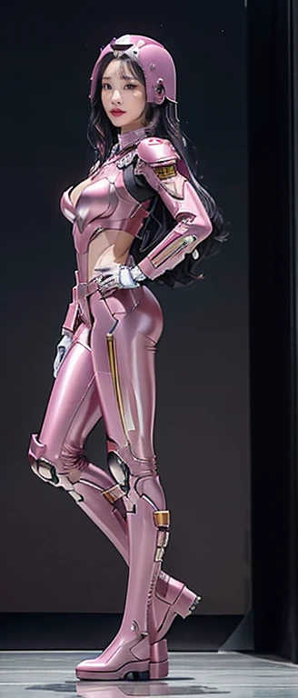 Tabletop, Super Detail, highest quality, High resolution, , ((Anatomically correct)), Power Ranger, ((One Girl)), (alone), Full-face helmet with no exposed face, Pink full body suit, Micro Bikini,Long gloves and boots are white, (Very shiny helmet), kick, Action pose, Combat pose, Huge breasts,Big Ass