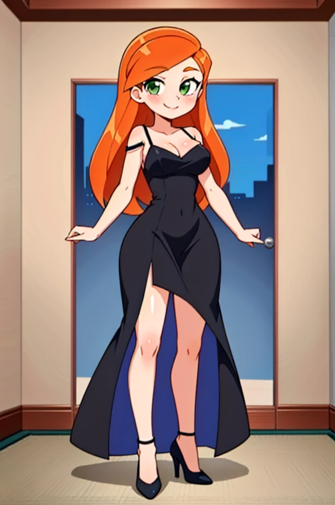 (kim possible:1.3), long hair, green eyes, (black spaghetti strap dress:1.3), blush, medium breasts, orange hair, black spaghetti strap dress, bare arms, bare neck, indoors room, standing up, black high heels, sexy eyes, smile, Masterpiece, best quality, detailed background, intricate details, detailed, looking at viewers, cowboy shot, full body
