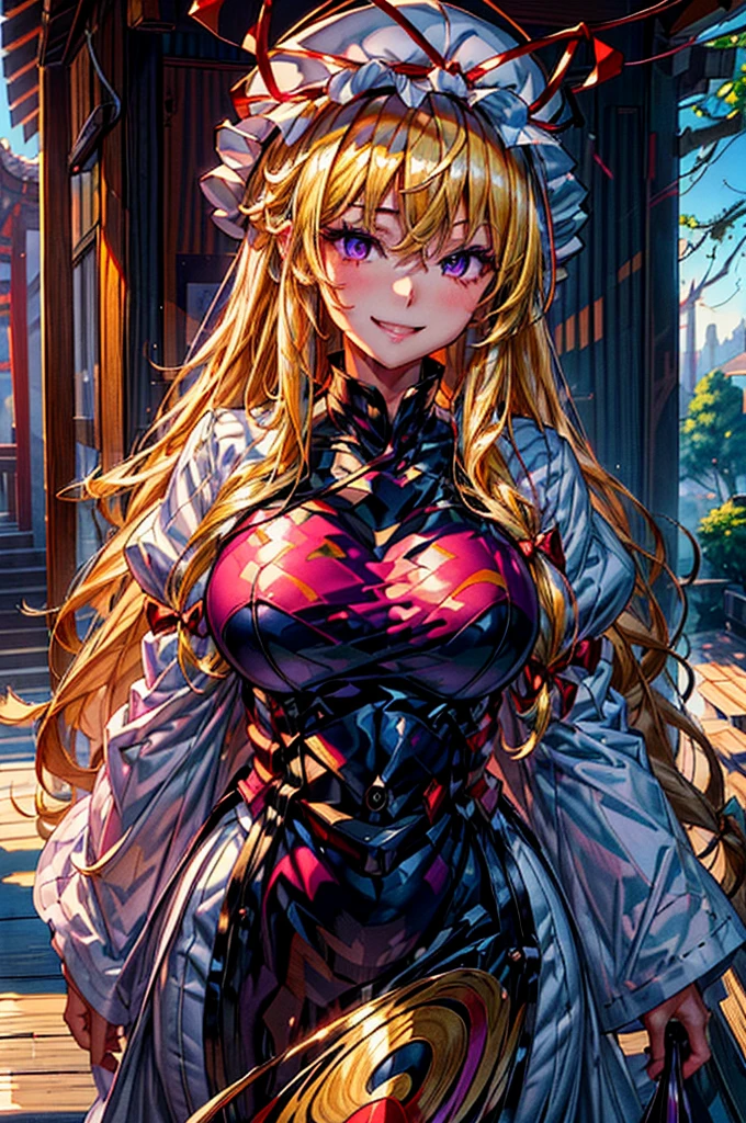 (Masterpiece, Ultra-high resolution, 8k, High Quality, Top quality, High-Detailed, Detailed CG, Cinematic Shadow:0.5, Beautiful Detailed Eyes, Ultra Resolution, Depth of Field, High Resolution, Masterpiece: 1.2), (Anime Art style), (cowboy shot), (Japanese-style Room), yakumo_yukari_touhou, blonde_hair, ribbon, hat, long_hair, mob_cap, hat_ribbon, red_ribbon, smile, white_headwear, bangs, bow, breasts, purple_eyes, hair_between_eyes, hair_bow, tabard, large_breasts, very_long_hair, beautiful breasts, walking, happy, smile,