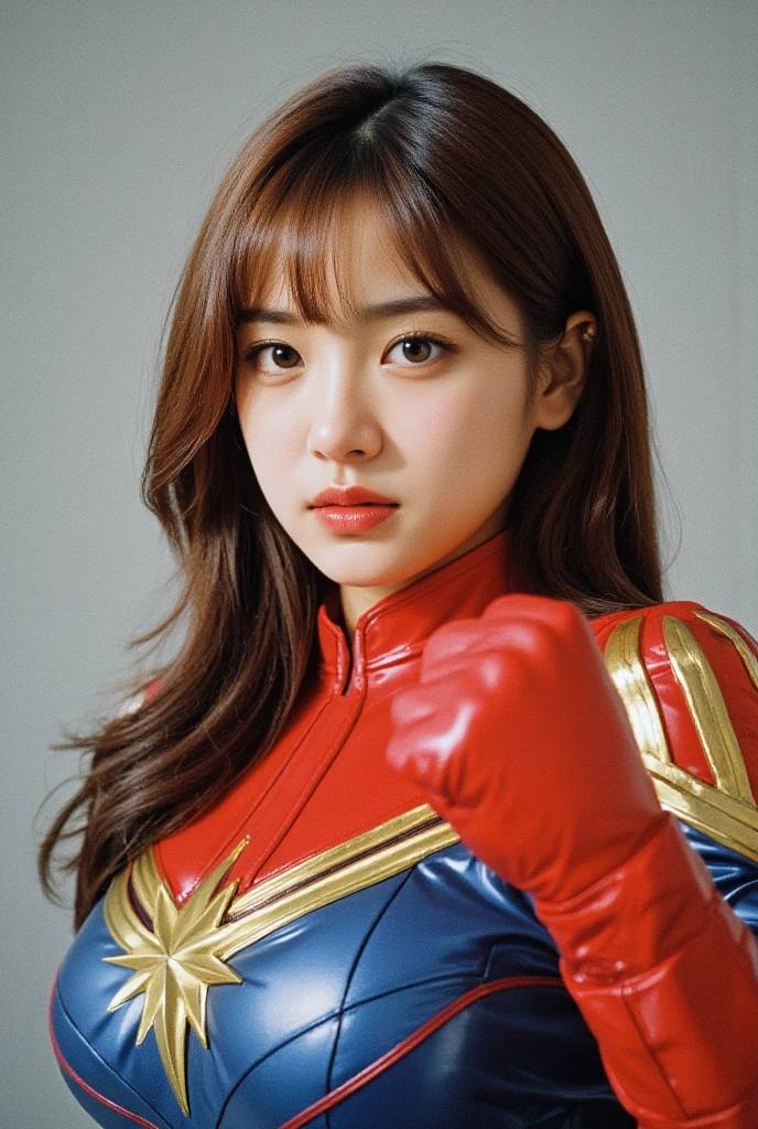 A cute Korean girl cosplaying as Captain Marvel, a Marvel Comics character. Her breasts are huge and beautiful. She is striking a fighting pose, looking at the viewer, and the Film photo shows her from head to thigh.