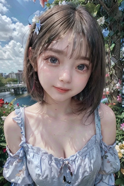 Close-up of a 9-year-old woman with a young and beautiful face., Big Breasts 1.1,Bare Breasts, Nipples,Walking in the green fields,cinematic scene, UHD 