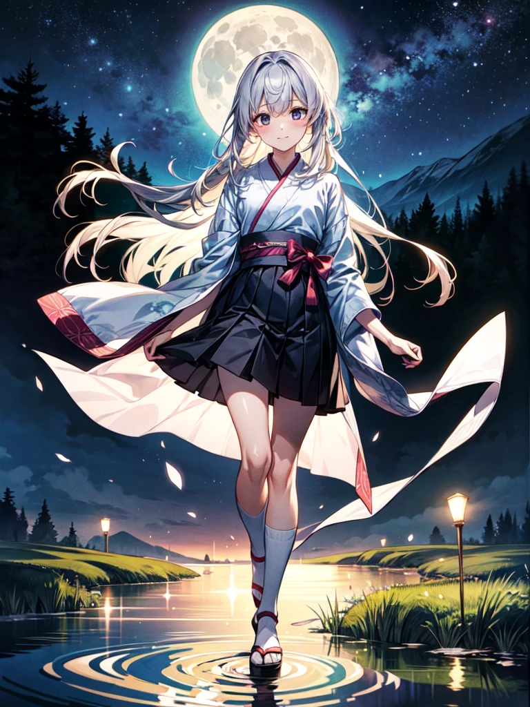 sfw, masterpiece,  High Resolution ,  full body standing picture depicting an anatomically correct ,  very detailed,  ultra-fine, (Manga cover illustration ), ((beautiful girl)),(High school girl wearing a silver jacket ), What is reflected on the surface of the water , (水面に映るのは黒髪のkimonoを着たbeautiful girl),  kimono, high school student, beautiful girl, Long Hair, moon, night, Pond in the mountains 