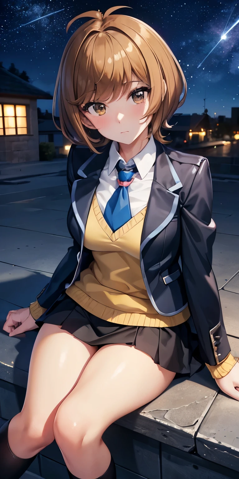 1 Female,High definition,high resolution,Ultra-realistic,8K, hmza, short hair, antenna hair, brown eyes, school uniform,( blue necktie), (yellow shirt),(black jacket), long sleeves, black skirt,tight skirt , ((miniskirt)),European,sexy,Upper body close-up,Photographed from the front,Dynamic Angles,private teacher,blush, medium tits ,outdoors, moonlight, dark sky, buildings,full body,4k, ultra high definition, perfect face, detailed face , sitting ,(pov, closed shot:1.2),  thinking , shooting star ,wide thighs 