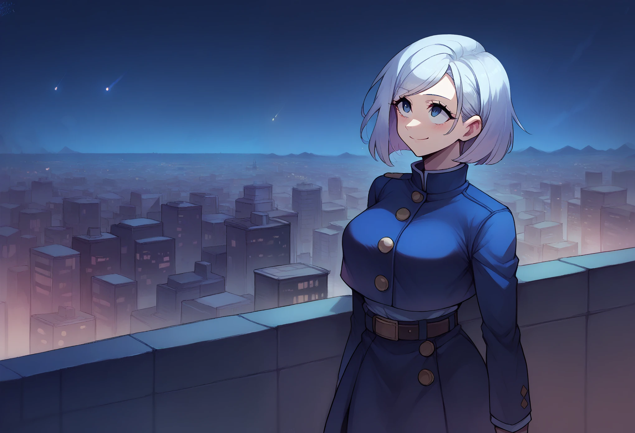 masterpiece,high quality,solo,>,NobaraKugisaki,1girl,gakuran,cropped jacket,belt,high-waist skirt,blush,looking up,closed mouth,smile,scene reference,looking to the side,parody,city,night,rooftop,city lights,