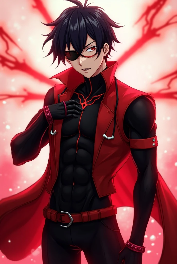 black haired boy, Red eyes, height of 1.75, defined body, with serious personality, drawn in the anime style of Boku no Hero Academia 