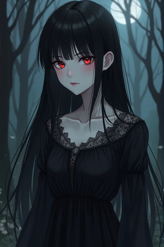 anime style image , 20 year old vampire woman, long straight black hair, red eyes, dressed in a white dress, in the forest at night cleaning his lower lip which has blood on it