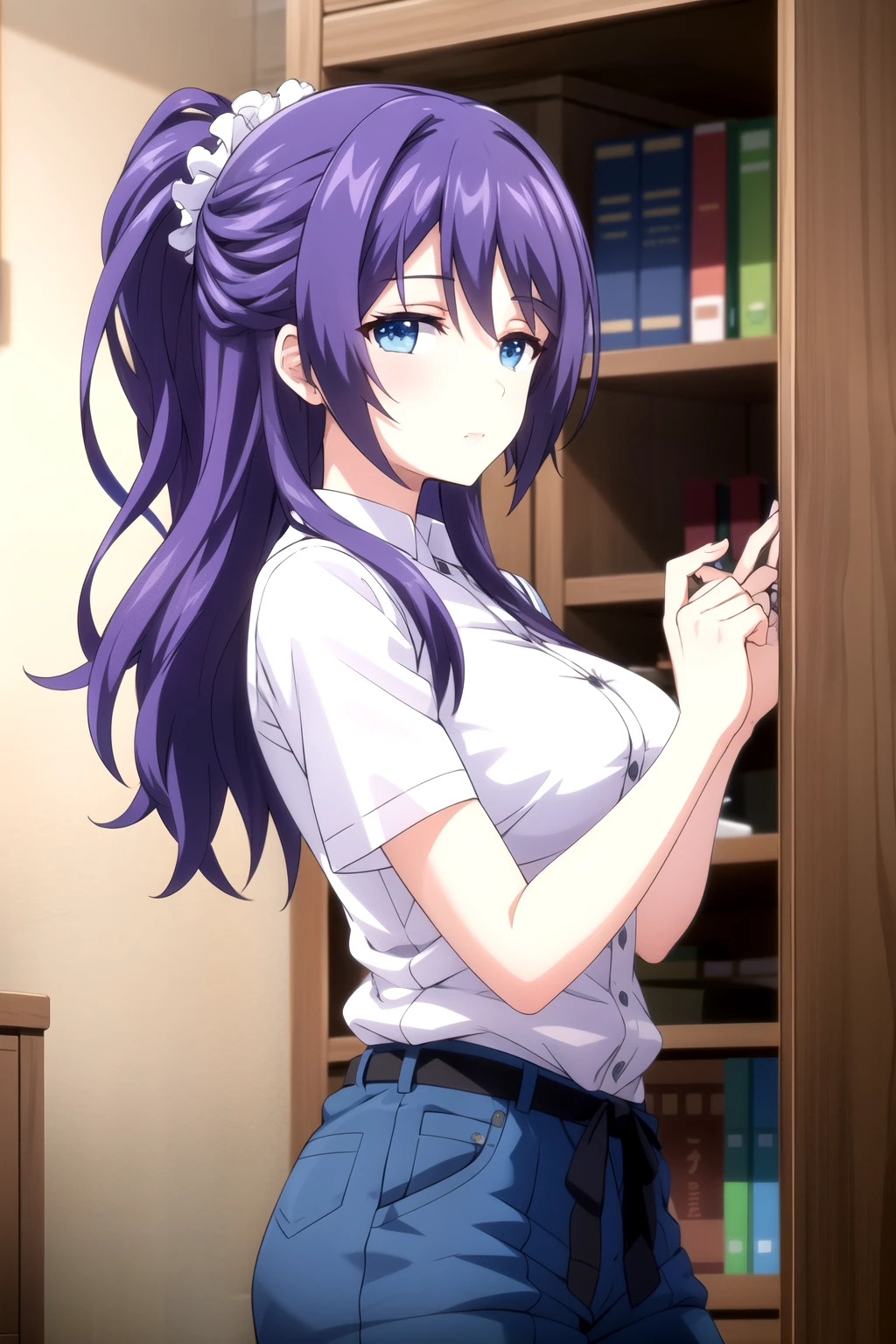 masterpiece,  are of the best quality , High quality ,Raisku-KJ , shirt , Blue shorts , belt , Hair band ,   looking at viewer , Portraits
