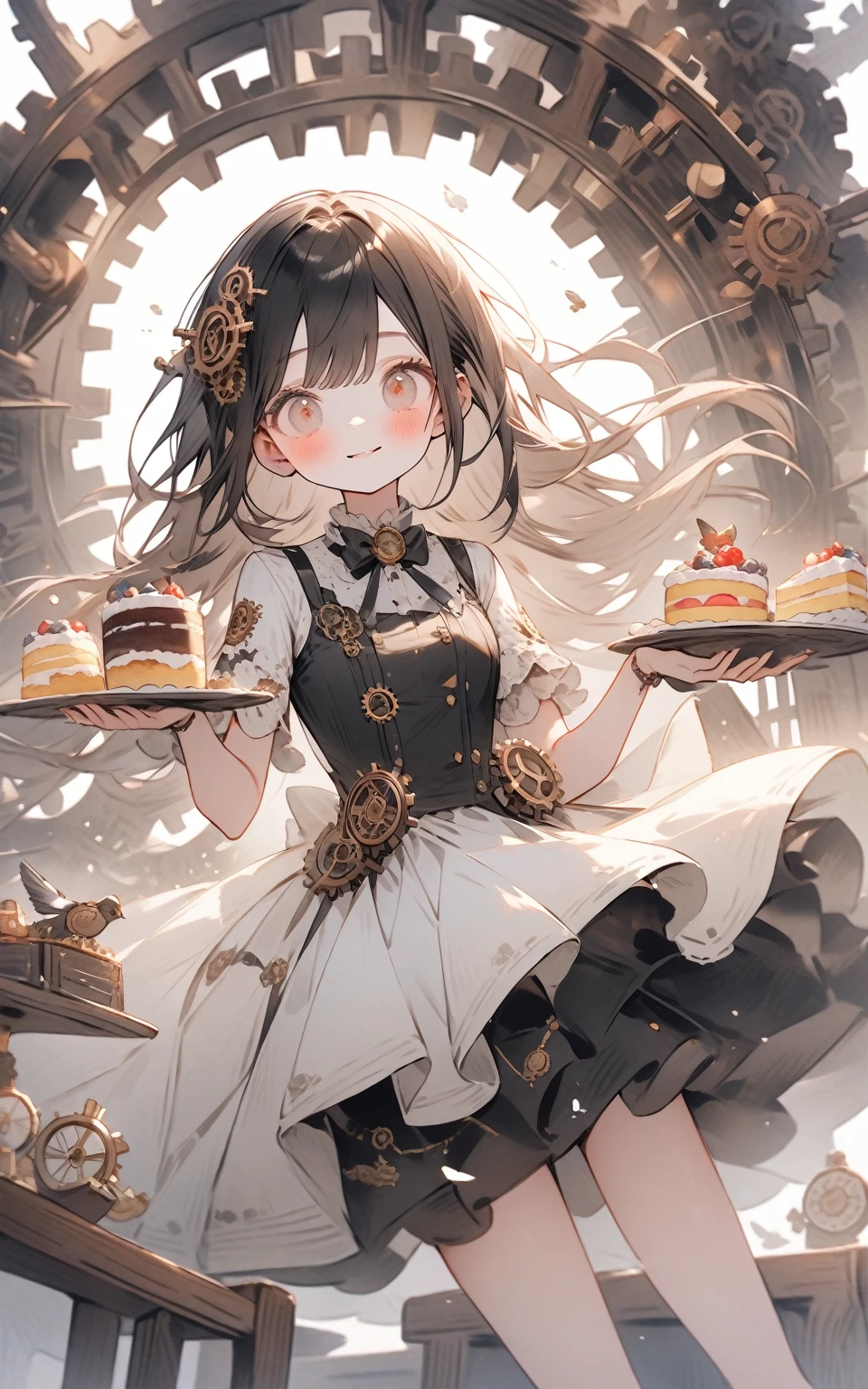 "Full Clockwork Course"
prompt: "Soft watercolor illustration of a steampunk-inspired dining room. A unique girl in a dress of cascading gears and flowers serves a multi-tiered clockwork cake. Each layer rotates, revealing different courses that change with the ticking of time. Tiny mechanical birds flit around, sprinkling magical seasonings."