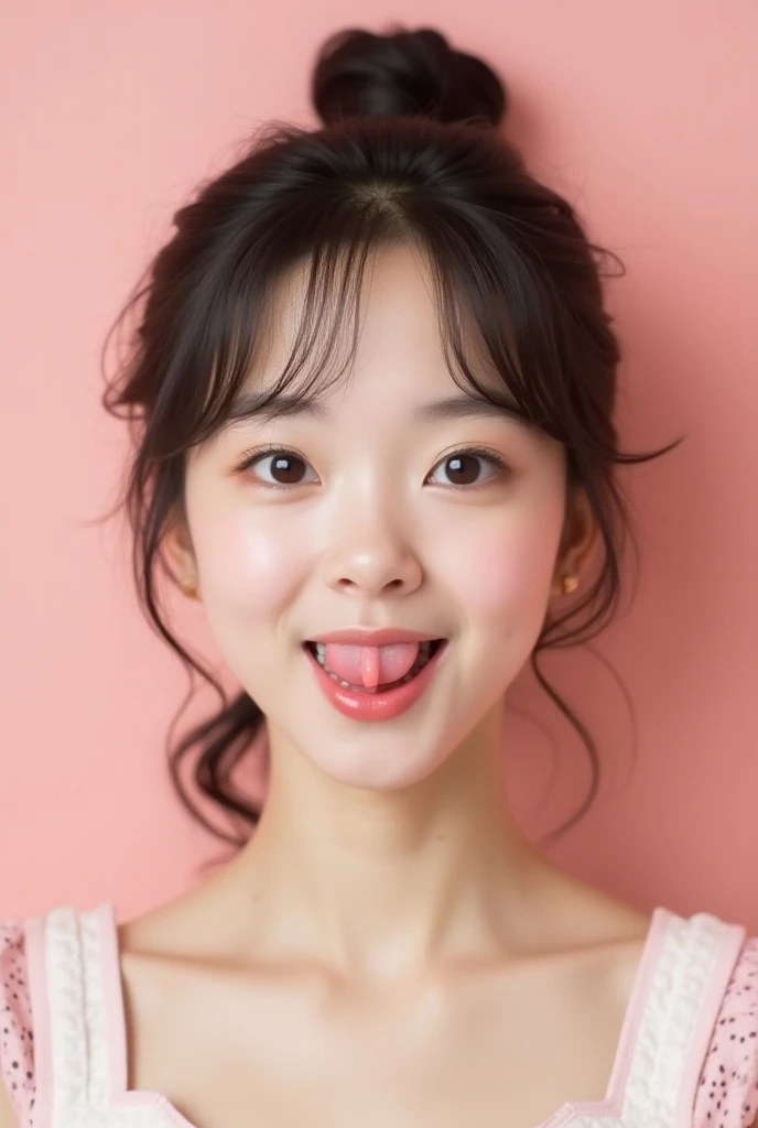 (((upper body shot))),((nude)),((nipples)),Ultra-high resolution,big eyes,grin,(open mouth with tongue),(tongue out),Japanese,bangs,(a girl),(1 girl),((18-year-old)),((cute)),pretty,eyes closed