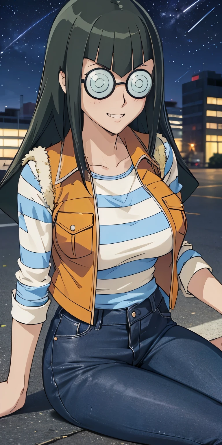 masterpiece, best quality, ultra-detailed, illustration,masterpiece, Best quality, high resolution, high resolution, CC, big grin,purple eyes, vest, striped shirt, striped sleeves, pants,blush,beautiful detailed eyes, looking at viewer in a seductive look, close up, (breast focus), (arms behind back:1.2), (from above:1.1),big sized breasts, (breasts out:1.3), attempt to seduce,wet clothes ,(nipples), embarrassed ,(wide thighs),(tight clothes)
