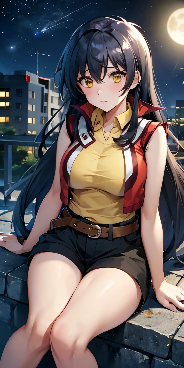 1 Female,High definition,high resolution,Ultra-realistic,8K, hmrei, long hair, black hair,yellow eyes,red jacket ,collared shirt, yellow shirt, sleeveless, belt, black shorts,European,sexy,Upper body close-up,Photographed from the front,Dynamic Angles,private teacher,blush, medium tits ,outdoors, moonlight, dark sky, buildings,full body,4k, ultra high definition, perfect face, detailed face , sitting ,(pov, closed shot:1.2),  thinking , shooting star ,wide thighs 