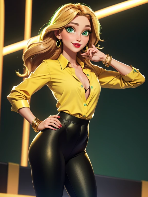 3D cinematic film.(caricature:0.2). 4k, highly detailed, 36 year old woman, standing at approximately 5'1" tall, tan-olive skin, long blonde hair, green eyes, mascara, red lipstick, closed lips, closed mouth, slim physique, medium breasts, cleavage, (Wearing: shiny black leggings and yellow off-shoulder top, golden bracelets), she's holding a cell phone, wide smile, smug look on face, looking at viewer