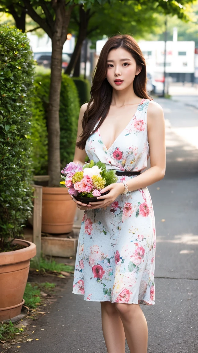 32K, High Resolution 、 best quality、photograph、Inserted into real life,One Girl、Alone、 white skin、 NATURAL MAKEUP、Brown Hair、 semi-long hair holding a bowl、small breasts,looking at viewer、Outdoor,(Business Style),V-neck sleeveless floral dress ,  jewelry ,High heels