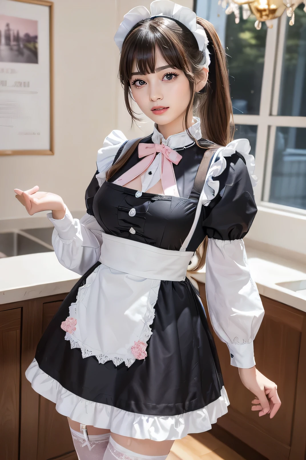 femme, adulte, Seulement, maigre, longs cheveux COLORED, les yeux COLORED, haut noir de femme MAID DENTELLE,  pose sexy, (chef-d&#39;artwork), (high quality), (best quality), (detailed), HD, Perfect lighting, detailed face, detailed body, maid LINGERIE, 