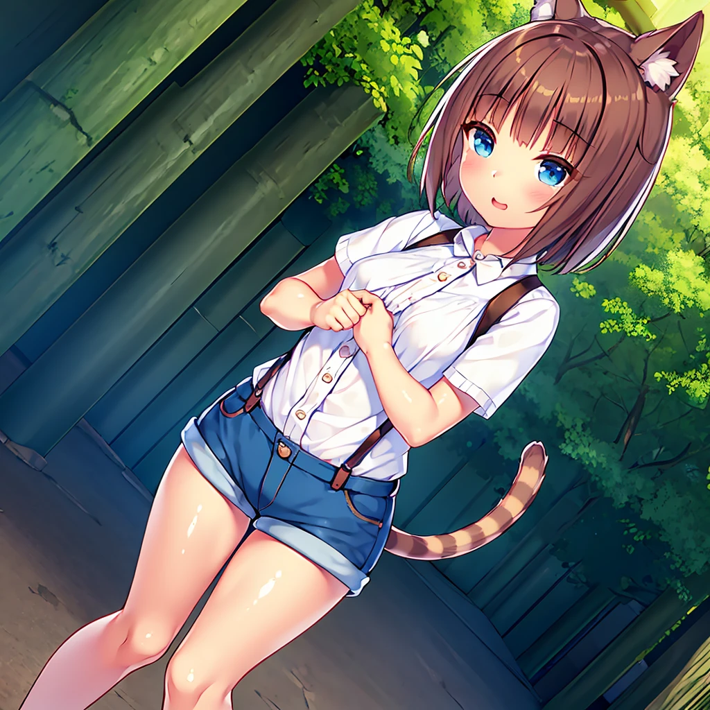  best quality、8k、Ultra-precision imaging 、One Girl、Brown Skin、blue eyes、Brown Hair、Cat ears and tail、Small breasts、white shirt with brown suspenders、 denim hot pants 、 white sneakers 、Bright Forest、 fun vibe