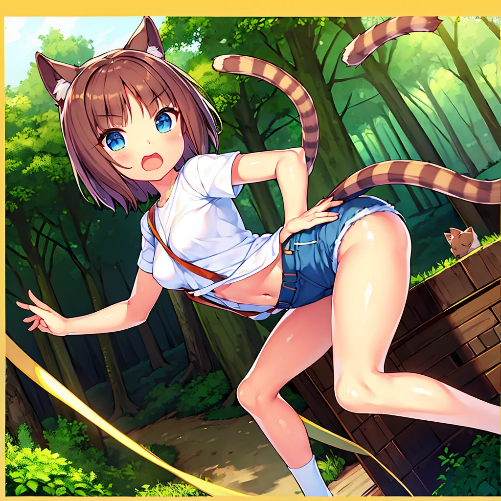  best quality、8k、Ultra-precision imaging 、One Girl、Brown Skin、blue eyes、Brown Hair、Cat ears and tail、Small breasts、white shirt with brown suspenders、 denim hot pants 、 white sneakers 、Bright Forest、 fun vibe