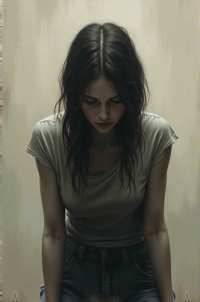 Brown haired white female wearing tight jean shorts with belt squatting and handcuffed with hands behind back and crying face
