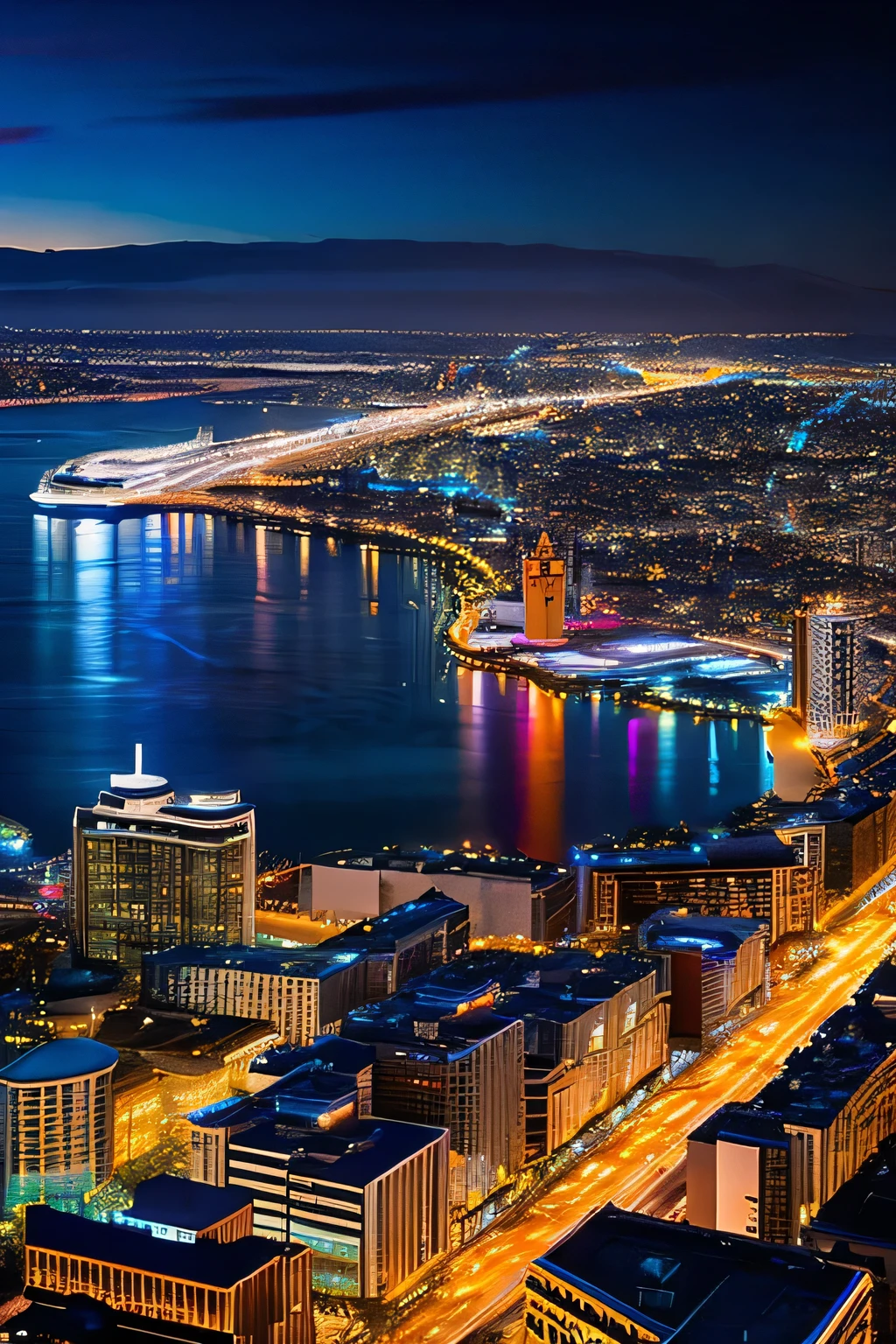 Generate a vibrant nighttime cityscape with tall skyscrapers, illuminated buildings, and busy streets filled with car lights. The city is viewed from a high vantage point, showcasing a river cutting through the city with bridges crossing over. The buildings should have modern, glass facades reflecting city lights, and there should be a sense of activity and energy. The image should include distant islands visible in the water and the soft glow of city lights extending into the horizon."  