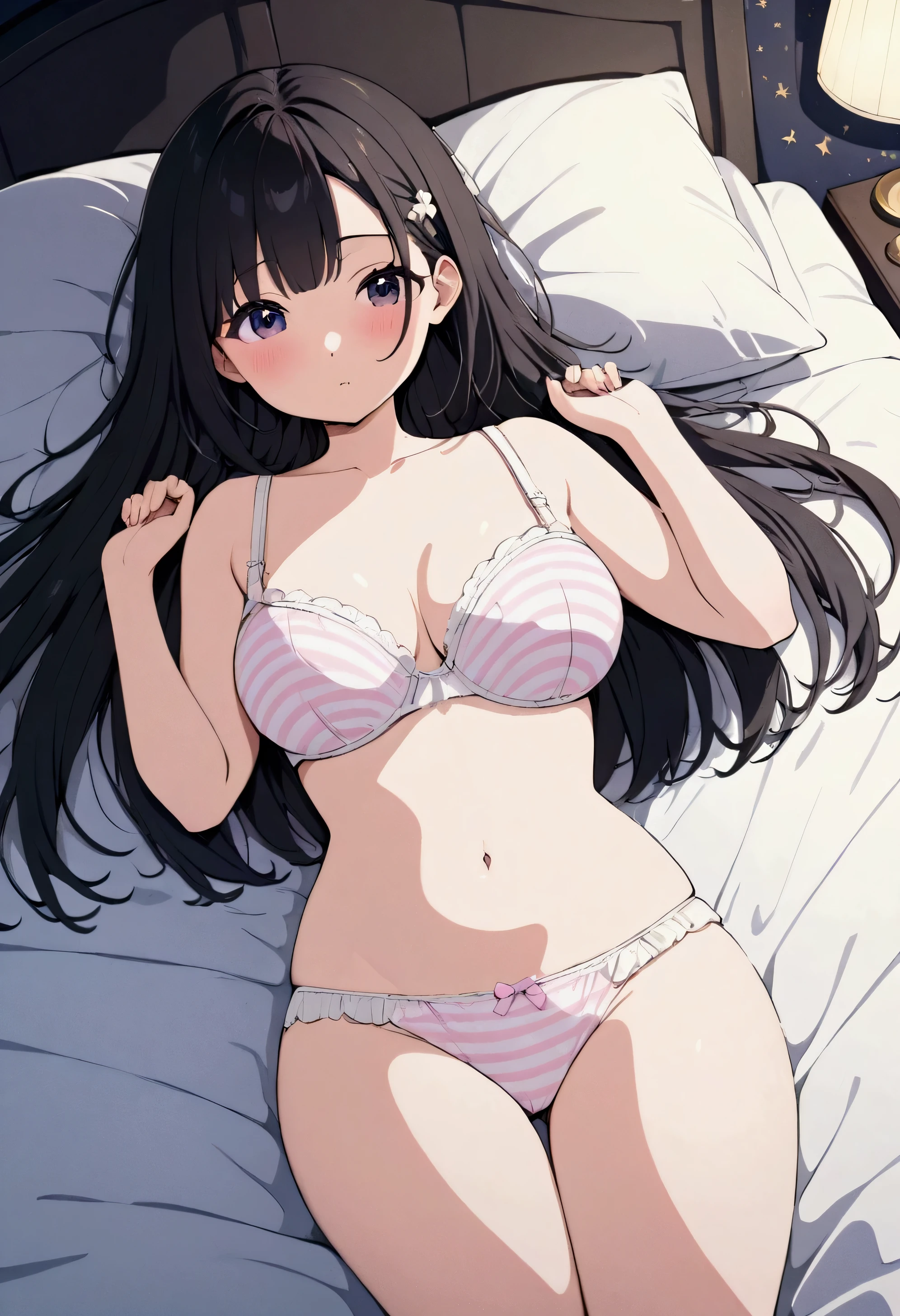 High resolution、4K quality、Highest quality、younger sister、Lolita、pantiesが床に落ちている、Surprised expression、白のコットンpanties、panties、used underwear、Crotch stain、Discarded underwear、panties単体、Laundry basket、strip、Underwear is scattered、Underwear is scattered、床一面たくさんのpanties、A messy room full of underwear、Undressing scene、Bras scattered around