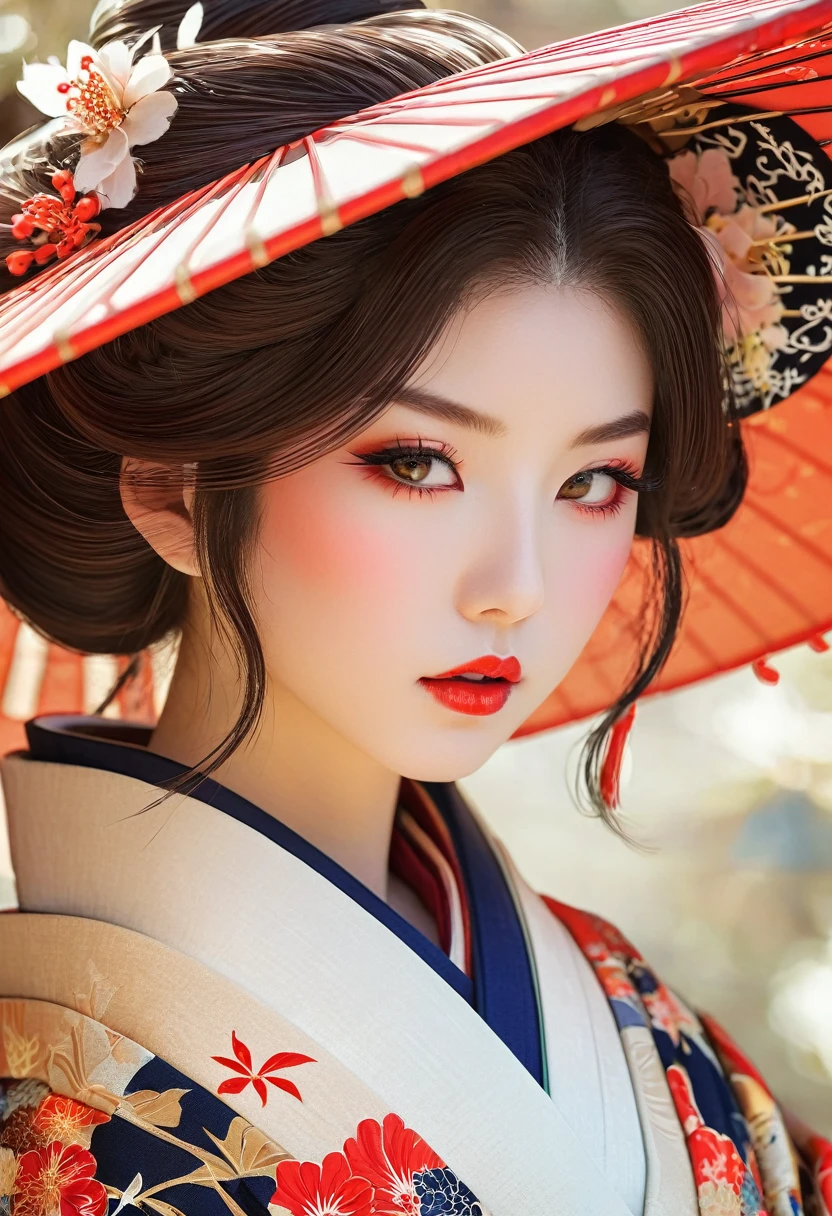 beautiful detailed eyes, beautiful detailed lips, extremely detailed eyes and face, long eyelashes, 1 girl, cowboy shooting, white skin, beautiful brunette, kimono, fractal art, ukiyo-e style, mystery, refined and beautiful, official art, Sharaku, cowboy, rich and colorful, japanese style