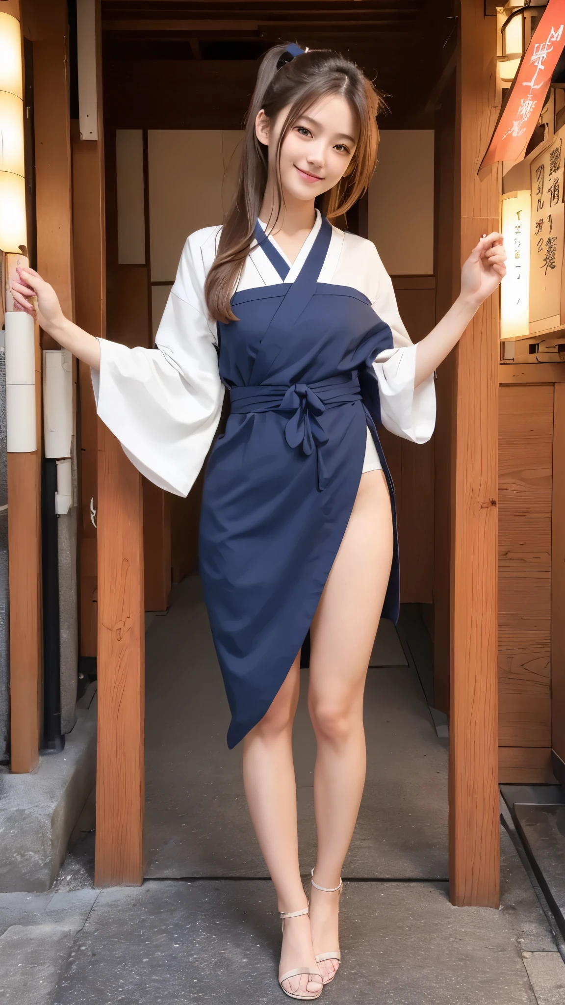 in old-japan town,yukata-top,white small high-leg-loincloth,18-year-old,bangs,a little smile,thighs,crotch,knees,short cut hair,pigtail,from below