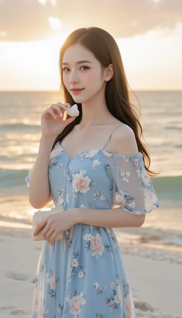 Portrait of a graceful Korean woman in her early 20s, with long, elegant hair that cascades down her back, embodying an air of sophistication. Her eyes are bright and warm, reflecting a kind and friendly spirit, and a gentle smile plays on her lips, radiating warmth and approachability. She is dressed in a light blue floral print dress that whispers of femininity and grace, the delicate patterns adding a touch of whimsy to her ensemble. The dress flows gently around her, accentuating her graceful figure.

She stands against a backdrop of a serene beach at sunset, with the golden hues of the setting sun casting a warm glow on her face, highlighting her serene smile. Her posture is relaxed yet poised, with one hand lightly touching a seashell, while the other holds a small, elegantly wrapped gift.

Captured with a full-frame DSLR using an 85mm portrait lens at f/2.8, the photograph zeroes in on her expressive eyes and the subtle nuances of her smile. The shallow depth of field softly blurs the background, drawing attention to her tranquil beauty. Post-processing enhances the soft tones of the light blue floral dress, while maintaining the vibrancy of the sunset hues. The final image conveys a sense of serene elegance and joy, capturing the essence of a modern Korean woman who embraces both sophistication and femininity in her style.