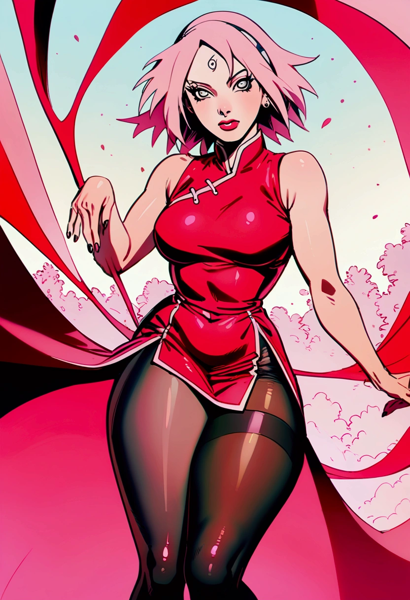 Sakura Haruno, (Naruto Shippuden),  slit dress , exposed leg,  nylon pantyhose, big thighs, Madura, sexy, seductive pose, high jump