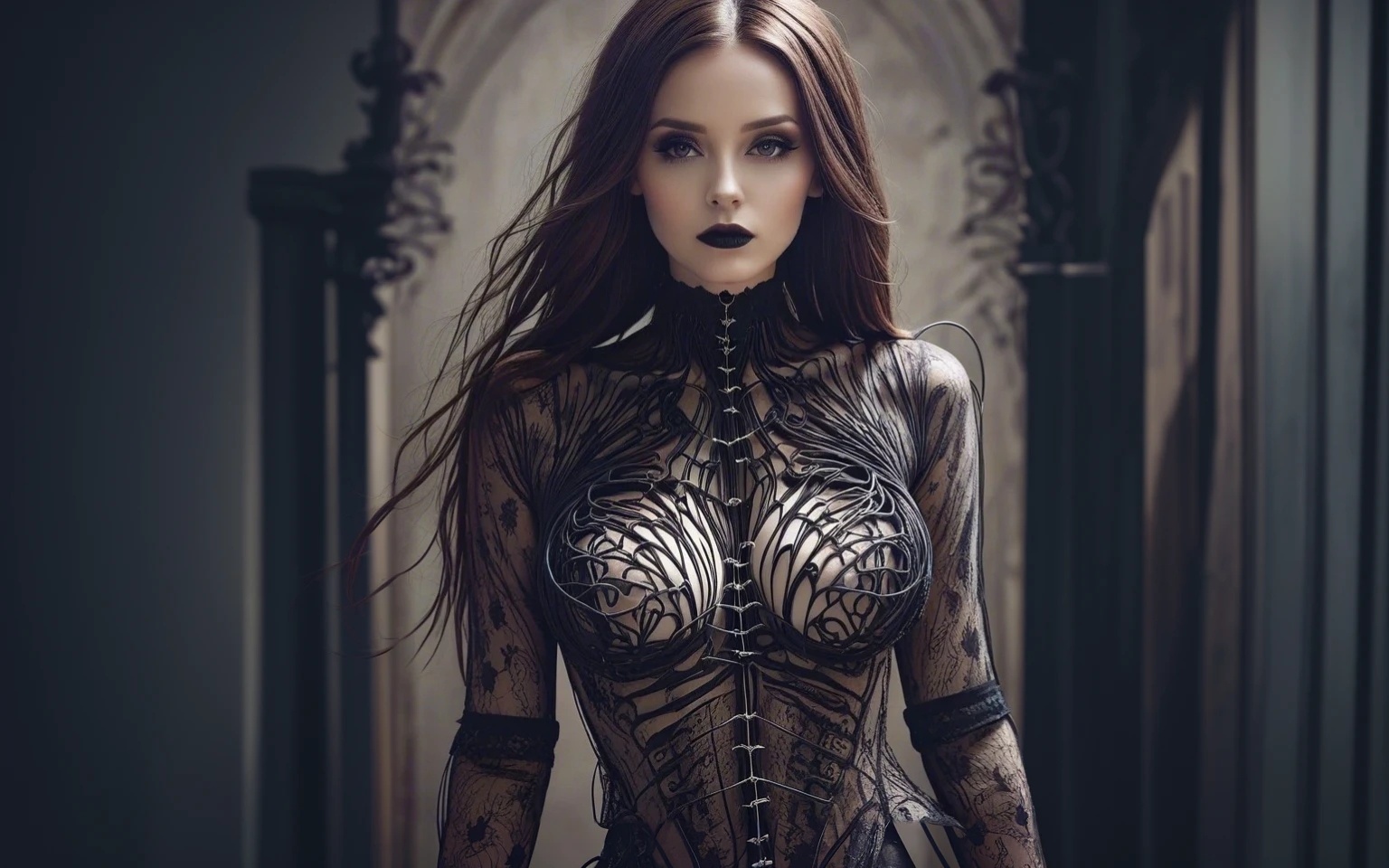 Gothic woman wearing clothes made of wire