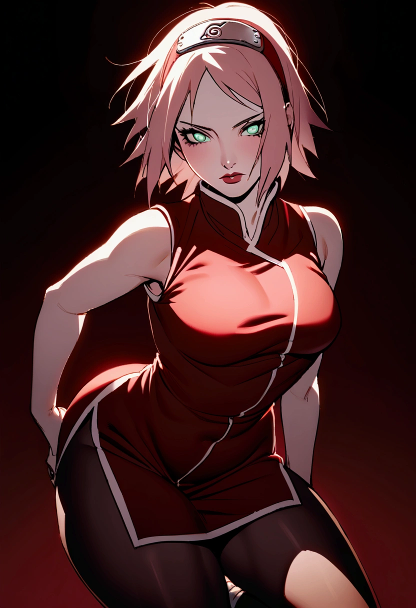 Sakura Haruno, (Naruto Shippuden),  slit dress , exposed leg,  nylon pantyhose, big thighs, Madura, sexy, seductive pose, high jump