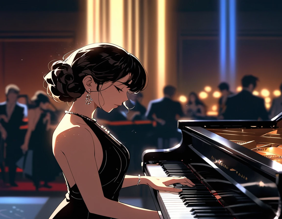 There is a woman playing the piano in a dark room, pianist, Atei Gailan Style,  Gways-inspired artwork , 8K high definition detailed art,  Lo-Fi Art Style ,  Anime style  4 k, Digital anime illustration,  Anime style . 8k,  Detailed Digital Animation Art , Piano playing in the background, Background artwork