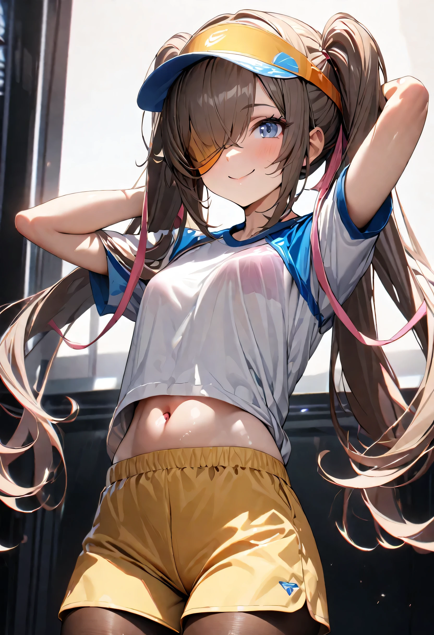 B1, Hair Bun, smile, Close one eye:1.8, Put your arms behind your head:1.4, belly button, Long Hair:1.4, Visor Cap, pantyhose, Raglan sleeves, Yellow shorts, shirt, Pink ribbon blue eyes, Twin tails, Cowboy Shot, One Girl, Alone, (masterpiece:1.6, Best Quality), 8k, Insane Details, Intricate details, Very detailedな, super high quality, high detail, Very detailed, professional, High resolution, Ray-Traced Reflections, Cinema Lighting,　Bra　perfect anatomy