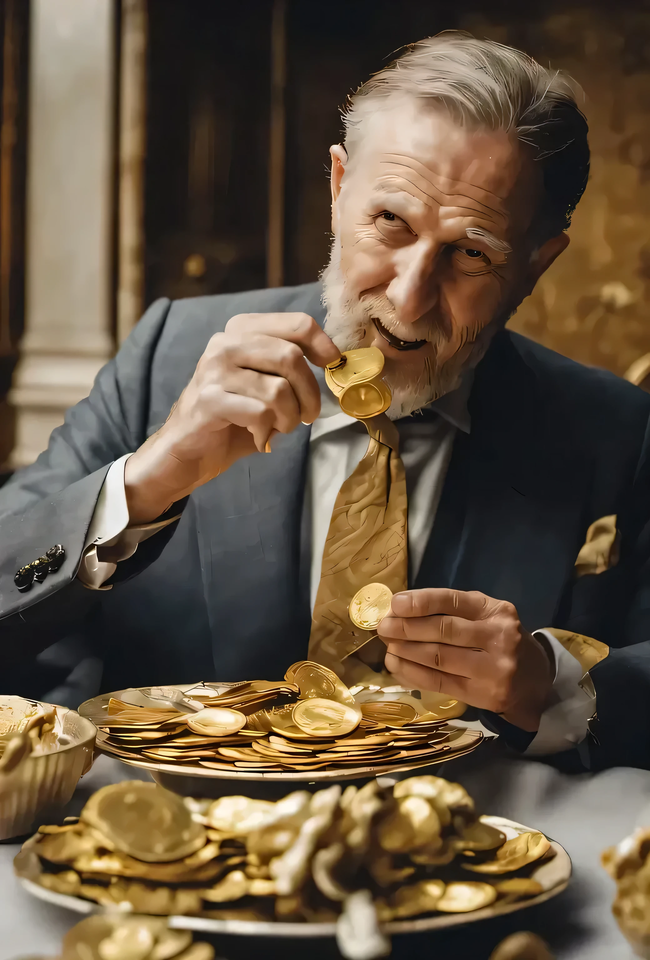  there is a man eating a plate with chips, Flaunting wealth, with many Gold coins,  gold and treasure ,  holding gold , Have money, Gold coins, sitting on a pile of Gold coins, Lots of details, , Covered in gold, Made of gold, On a golden background, Rich texture ),  wearing many medals 