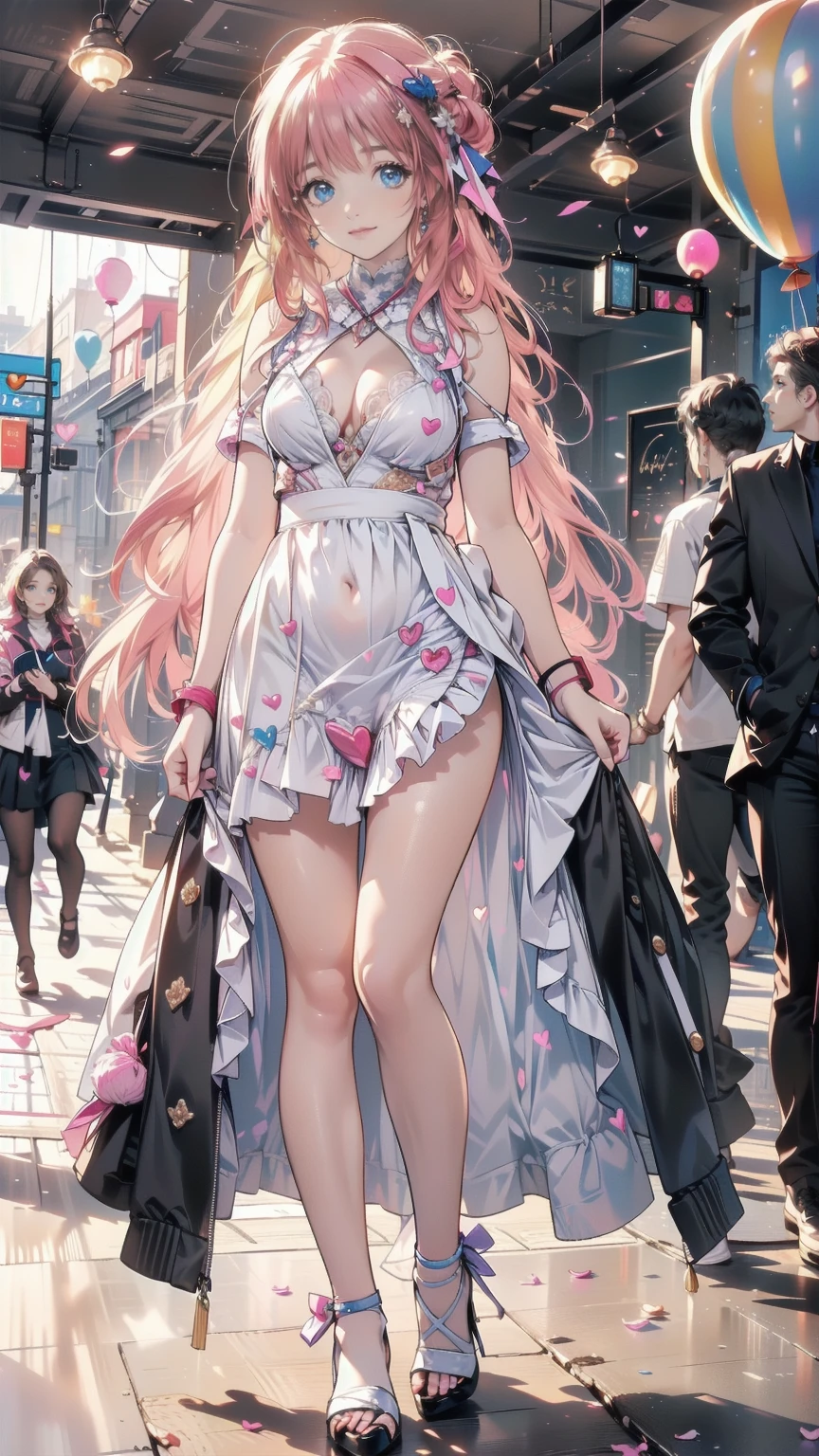 (whole body, legs and shoes visible: 1.2))   Expressive Eyes , One Girl, Pale skin, Long Hair,  hair blown in the wind , ((absurdly Long Hair)), Long Side Lock, Princess Bang, bangs, Hair Bun, ((very long twin tails)), Rainbow Hair, Light pink hair, , full face , big sparkling Pastel Purple eyes, (Gradient Eye), Laughing with your mouth open, cute pose, ((Holding a balloon : 1.3)) ((cute and pastel fashion)) ((🦄🎠🎈🎉 theme : 1.4))  Loose Pastel Dress , (( Dreamy Multi Colored Open Dress )), (Floating ribbon),  Lavender Ruffles , Pink frills, (Light Blue Lace), Removable short sleeves, Fluffy skirt, (( Rainbow and Star Print Skirt  : 1.3)), Data skirt, purple ribbon, (( Pom Pom Ribbon Hair Ornament  : 1.4)), Multiple Bows,  striped lace stockings , (heart型のレッグガーター), cute (Pastel Purple) shoes (( HIGHLY DETAILED CLOTHING AND FASHION )) I&#39;Iはあなたを見ています, , , ( Attention to Beautiful Details), ( high-definition CG Unity 8K wallpaper ) ( Best Shadow ), (( very delicate and beautiful)), (  Detailed Lights ), ((  Depth of Written Boundary )) big Head, big, Bright Eyes, Moe,  splash art, Cinema Lighting, Front View,  Volume Lighting Maximalist Photo Illustration k Resolution Complex Detailed Complex Key Visuals Accurate Linear (( Dreamy Pastel Sky Background , Surrounded by sunset clouds, meteor, Castle in the Clouds)) ((Ultra-detailed landscapes, Cloud of fog,  Hanging with Balloons , heart : 1.3))