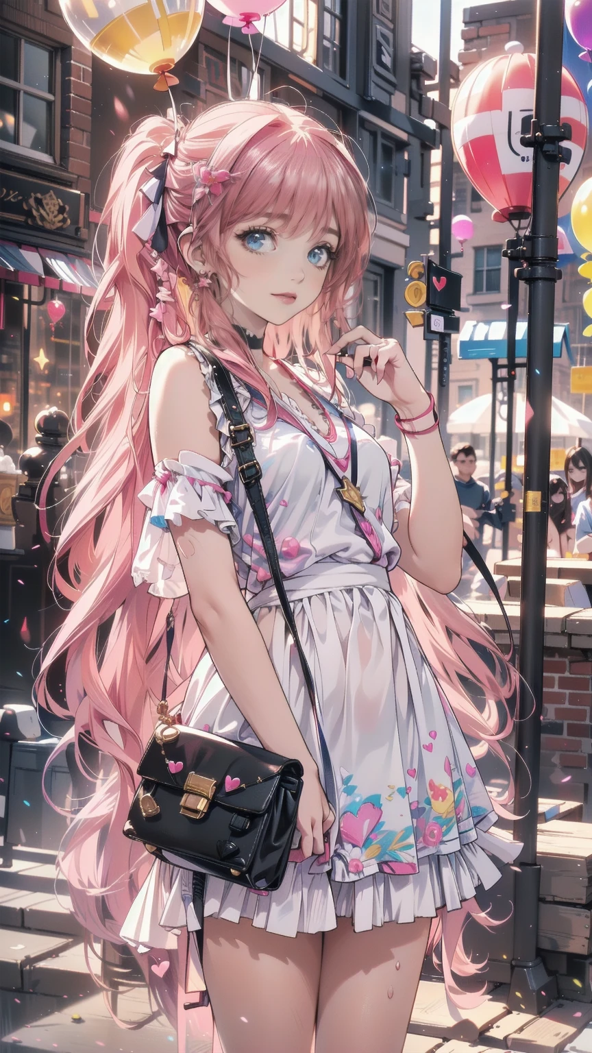 (whole body, legs and shoes visible: 1.2))   Expressive Eyes , One Girl, Pale skin, Long Hair,  hair blown in the wind , ((absurdly Long Hair)), Long Side Lock, Princess Bang, bangs, Hair Bun, ((very long twin tails)), Rainbow Hair, Light pink hair, , full face , big sparkling Pastel Purple eyes, (Gradient Eye), Laughing with your mouth open, cute pose, ((Holding a balloon : 1.3)) ((cute and pastel fashion)) ((🦄🎠🎈🎉 theme : 1.4))  Loose Pastel Dress , (( Dreamy Multi Colored Open Dress )), (Floating ribbon),  Lavender Ruffles , Pink frills, (Light Blue Lace), Removable short sleeves, Fluffy skirt, (( Rainbow and Star Print Skirt  : 1.3)), Data skirt, purple ribbon, (( Pom Pom Ribbon Hair Ornament  : 1.4)), Multiple Bows,  striped lace stockings , (heart型のレッグガーター), cute (Pastel Purple) shoes (( HIGHLY DETAILED CLOTHING AND FASHION )) I&#39;Iはあなたを見ています, , , ( Attention to Beautiful Details), ( high-definition CG Unity 8K wallpaper ) ( Best Shadow ), (( very delicate and beautiful)), (  Detailed Lights ), ((  Depth of Written Boundary )) big Head, big, Bright Eyes, Moe,  splash art, Cinema Lighting, Front View,  Volume Lighting Maximalist Photo Illustration k Resolution Complex Detailed Complex Key Visuals Accurate Linear (( Dreamy Pastel Sky Background , Surrounded by sunset clouds, meteor, Castle in the Clouds)) ((Ultra-detailed landscapes, Cloud of fog,  Hanging with Balloons , heart : 1.3))