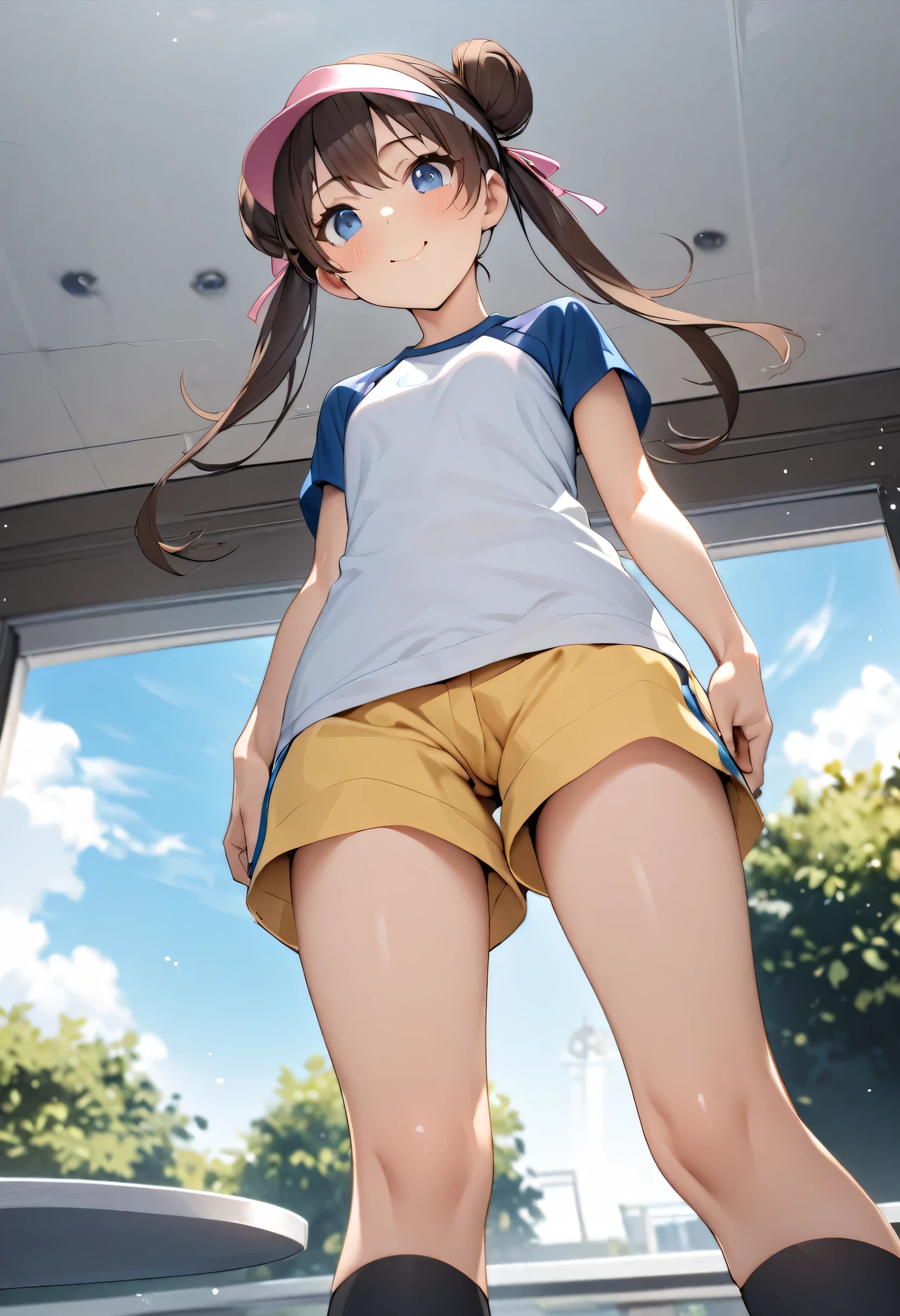 table top、highest quality、High resolution、1 girl、solo、short height、thin legs、shy smile、tits、dark brown hair, bun hair blue eyes、long twin tails、visor cap、((black knee socks))、raglan sleeves、yellow shorts、shirt、pink ribbon、clock、outdoors、A photo of the subject viewed from below