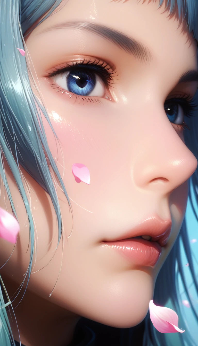 score_9, score_8_up, score_7_up, Girl's profile picture, light green long hair with bangs, light blue petals on cheeks, realistic skin texture, detailed picture, close-up, HD32k