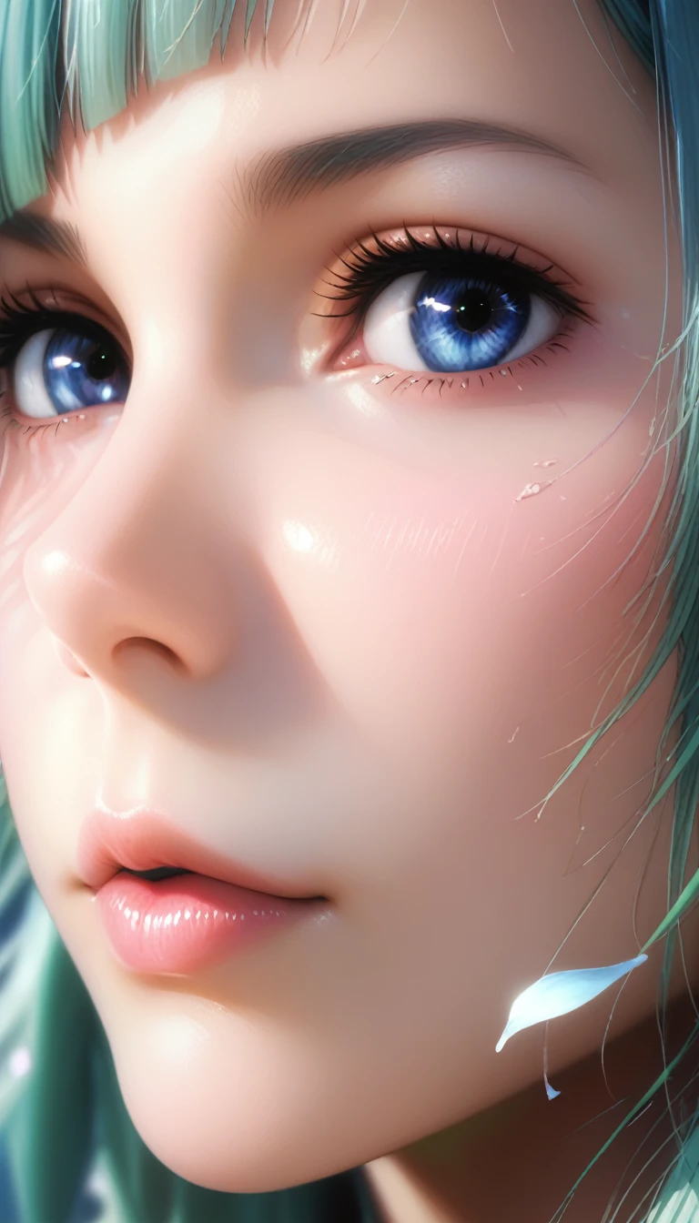 score_9, score_8_up, score_7_up, Girl's profile picture, light green long hair with bangs, light blue petals on cheeks, realistic skin texture, detailed picture, close-up, HD32k,Anime,hentai,(motion sex),motion lines,motion blur,bouncing breasts,Expressiveh,concept art,dark theme