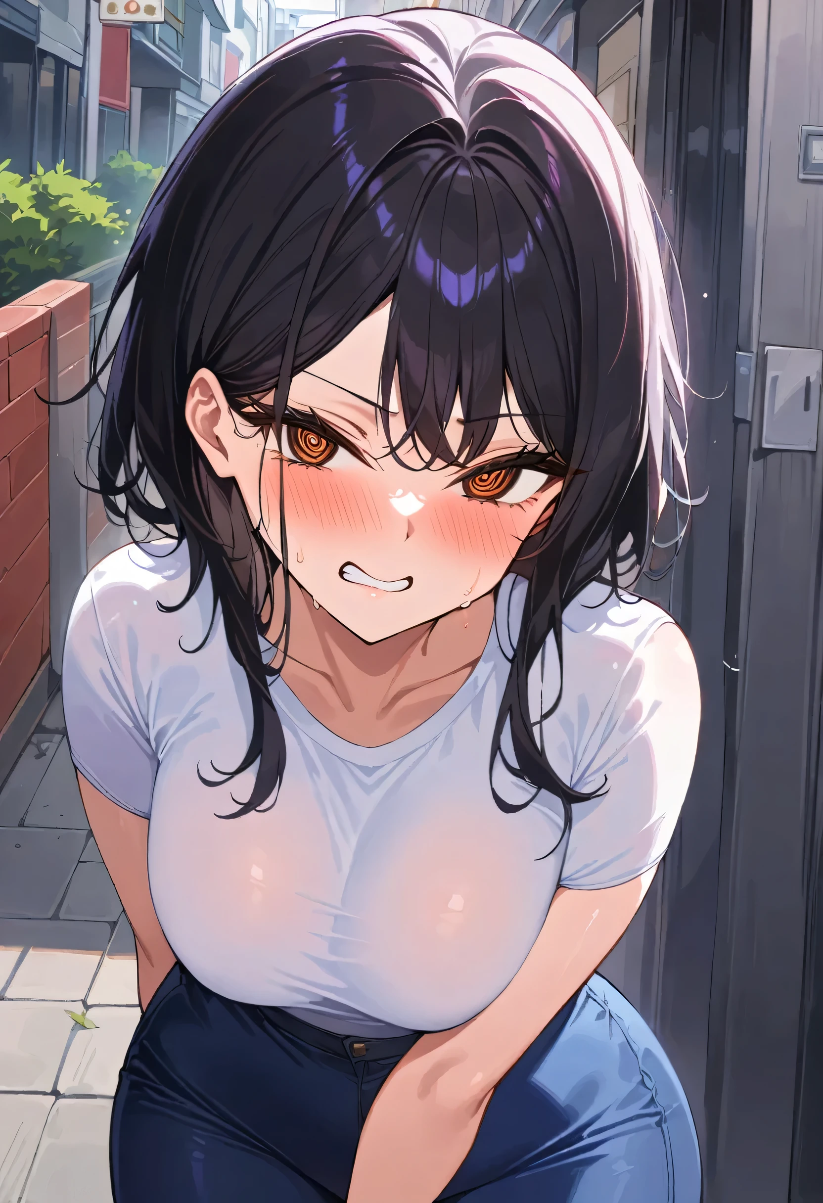 loli, Petite, on the floor at school, Bare breasts and nipples, exposed genitals, on the knees, leaned forward, little chest, woman's , opened mouth, saliva, Tears, tongue sticking out, heart-shaped pupils, overhead view