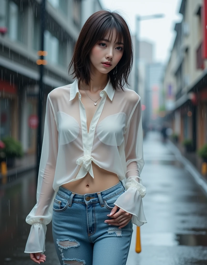 blue-sky, Wet in the rain, The whole body is soaking wet, White shirt naked, pink color panties, panties small, No bra, Wet costumes are see-through, Modern cityscape, Smiling smile, (NSFW), 1womanl, 独奏, 24 year old, 7headed body, (Ideal ratio body proportions), (Composition from head to thigh), erectile nipple, Sexy body, Wet, short-hair, A dark-haired, small tits, A slender, Small buttocks, beauty legs, Skinny Legs, surrealism, Cinematic lighting, depth of fields, One-person viewpoint, F/1.8, 135 mm, nffsw, masutepiece, ccurate, ((Anatomically correct)), Textured skin, Super Detail, high details, High quality, awardwinning, Best Quality, hight resolution, 8K