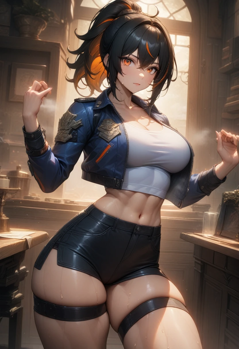 masterpiece,best quality,high resolution,8k,ultra HD,wallpaper,illustration,perfect face,cowboy shot,beautiful detailed eyes,extremely detailed face,perfect lighting,extremely detailed CG,perfect anatomy,perfect body,perfect hands,perfect fingers,1woman,full body,,muscle fighter body,black long ponytail hair with orange mesh line hair,orange eyes,large breasts,Medium ass,,(blue open police jacket inner white shirt),black short hot pants,clothed,,collarbone,,looking at viewer,(),Steam,sweat, home,(Zenless Zone Zero character Zhu Yuan),adult