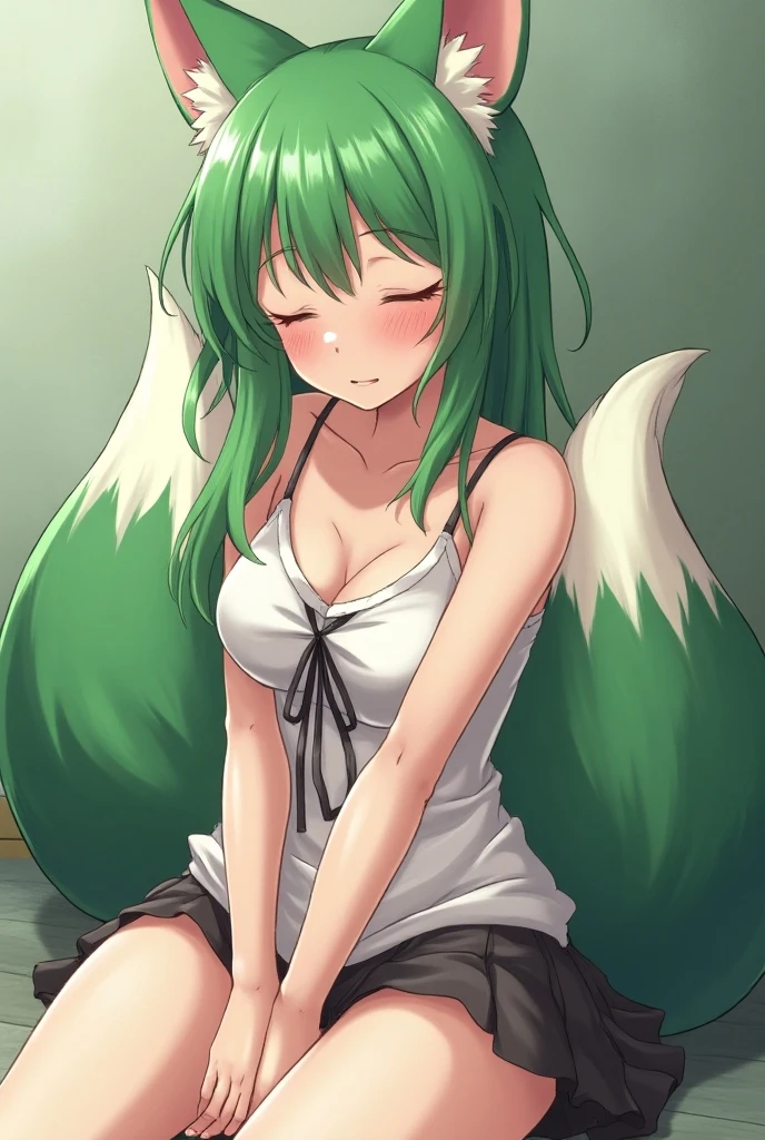Dog girl, canine girl, Canine pussy,(American), (hands behind the back), furry, green fur, super cute face, detail elements on fur, topless, nude, nipples, small breasts, white canine pussy , beautiful lights and shadows, ambient light, legs open, on bed, sitting,