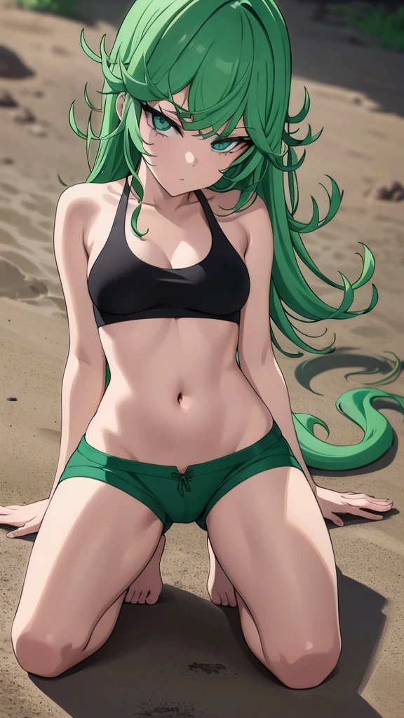 green hair,green eyes,crawl,kneel,(leash) in tight green dolphin shorts and a green sports bra