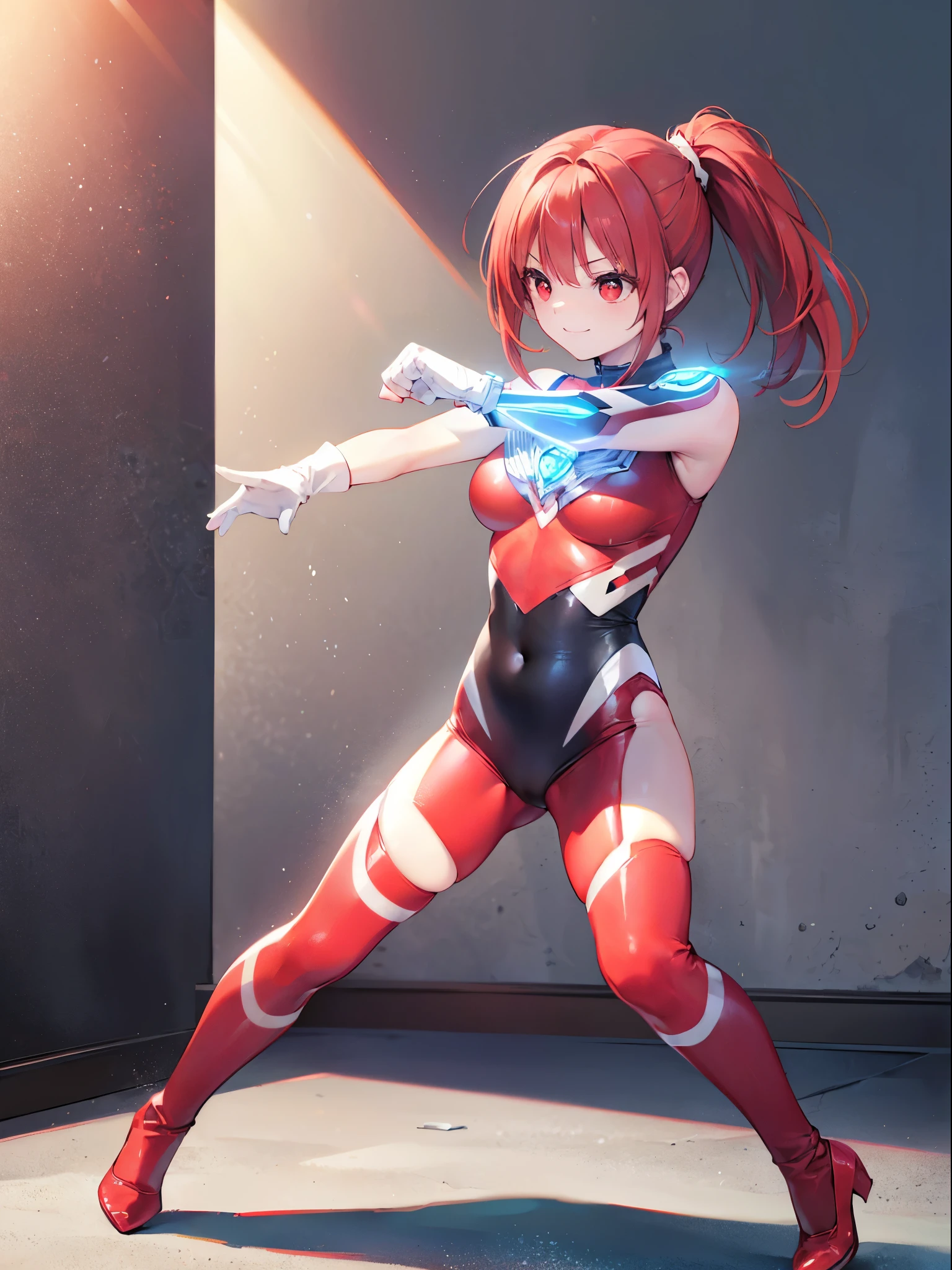 Realistic,highest quality, Ultra Detail, High-quality CG rendering, The most delicate and beautiful, Floating softly, High resolution, (1 girl), (Highest quality,4K,8K,masterpiece:1.2),(All red hair:1.5), (Short ponytail:1.5),(Red eyes:1.5), (Ultra Girl:1.0), (Red Ultraman bodysuit:1.4),(Slightly larger breasts:1.5),(Clenched Fist:1.2),(Turn your back to your audience:1.3),Ass(Red gloves:1.3),(Red Shoes:1.3) ,(whole body:1.3)