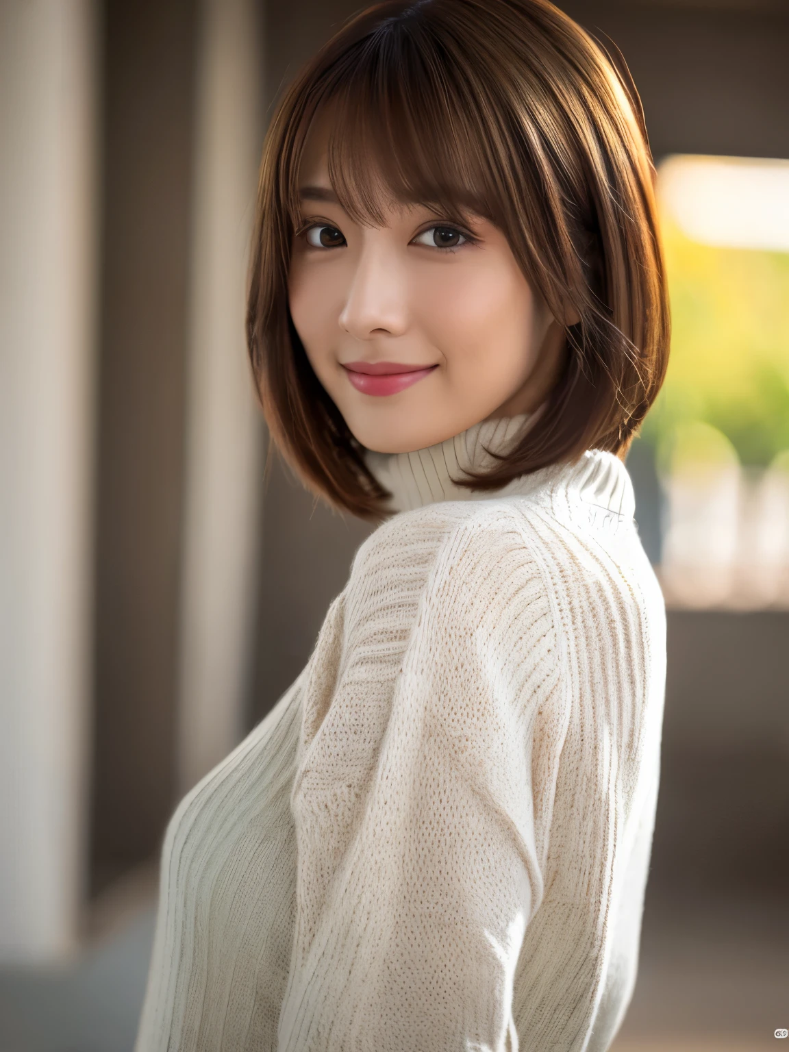(Highly realistic photos, High resolution, detailed face, fine eyes), ((Taken in front of a white wall))、japanese woman, 40 years old, various expressions, alone:1, slim figure, different hairstyles, casual clothes, Only one person appears in the photo、long sleeve dress、Photographed in natural light、simple necklace、spring clothes、don't look at the camera、profile、Orange-brown hair color、bob hair