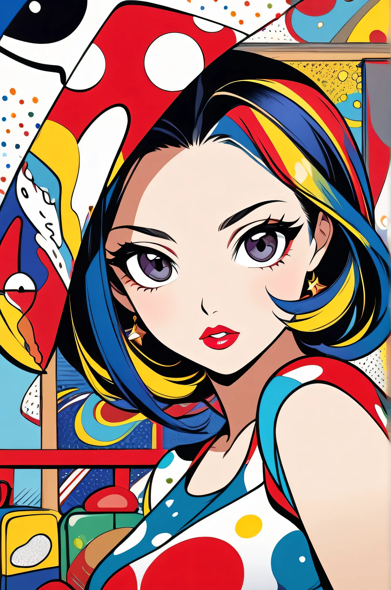 Ultra-realismRoy Lichtenstein colorful style, Simple Line Initialism,Abstract art,(((The most beautiful girl of all time))), Sweet face. Lips in love, stylish design, Dark Eyes, (((Holiday Room))), (((Cute amoeba)))