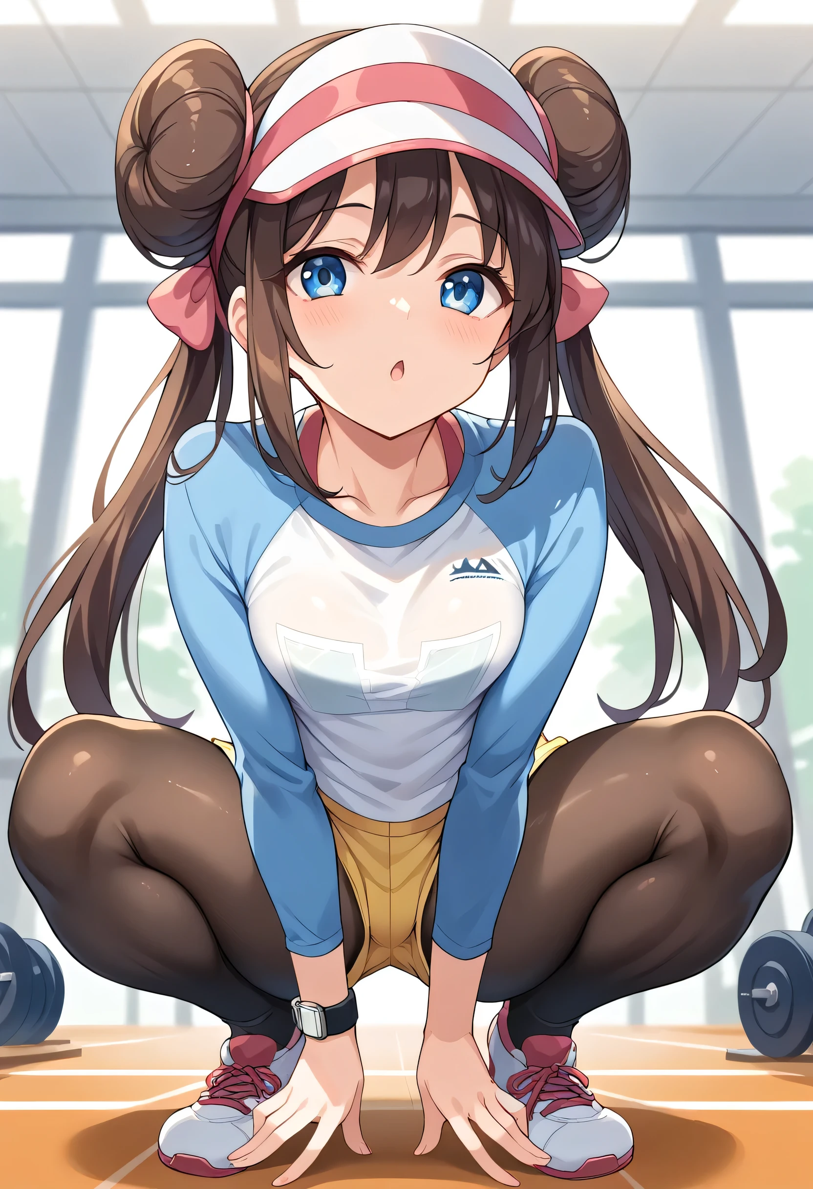 masterpiece, Top quality, High Definition, RO1, Hair bun, Blue eyes, Twin tails, Visor cap, Pantyhose, Raglan sleeves, Yellow shorts, Shirt, Pink bow, Watch, Leaning forward, Gym, Squatting, 30 denier soft touch comfort Tights, See-through, Squatting, Open legs, Thighs, Attractive thighs,